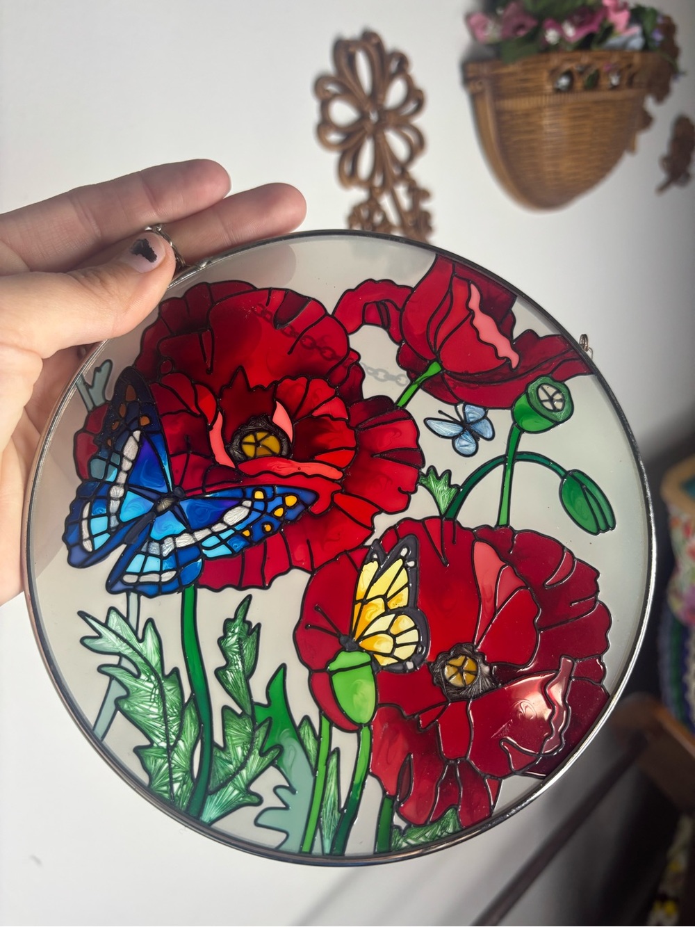 Red Poppy Stained-Glass Wall Art with Blue & Yellow Butterflies